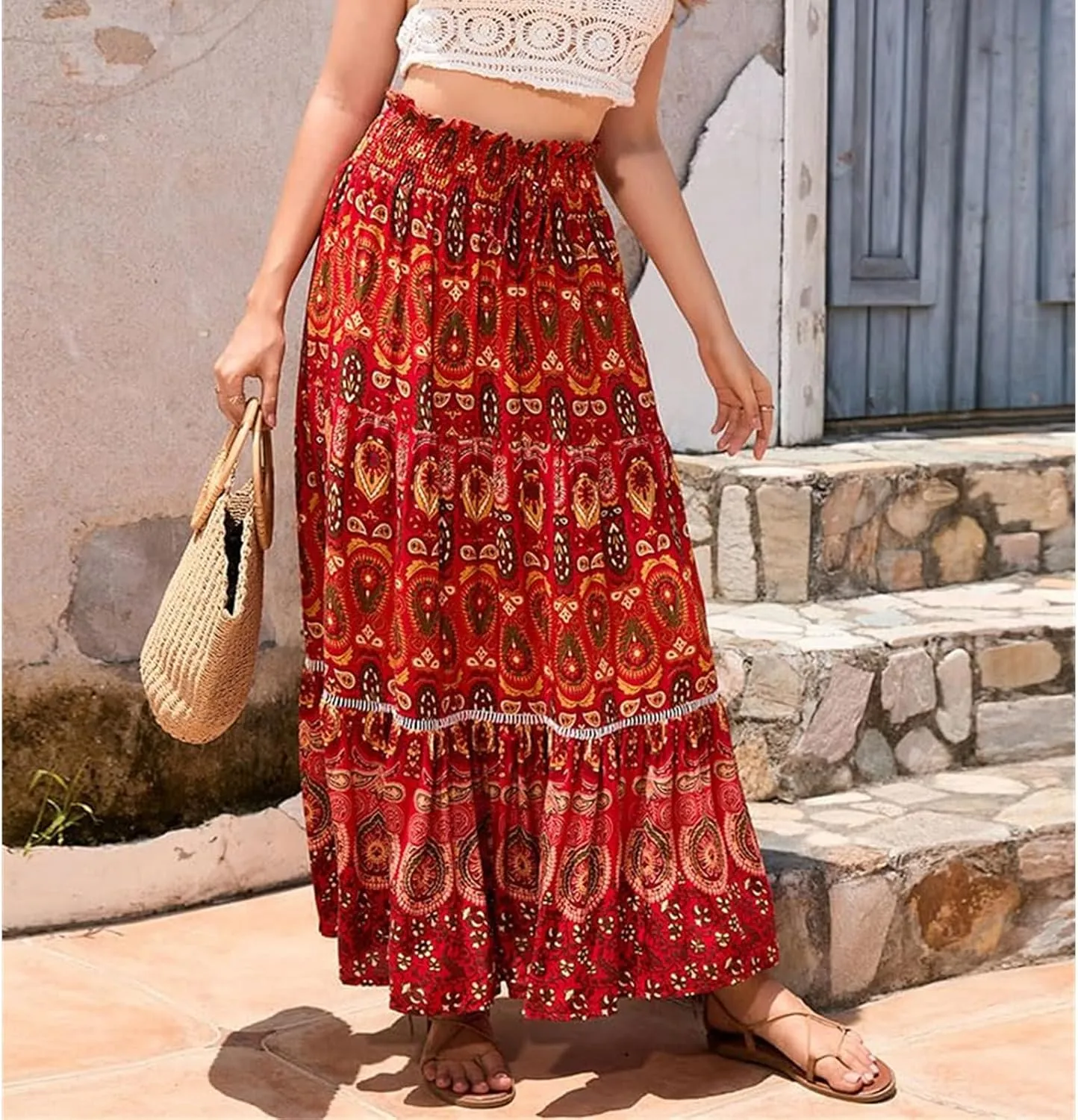 Womens 2025 Bohemian Long Skirts Elastic High Waist Pleated A Line Maxi Skirt Summer Pleated Mini Skirts