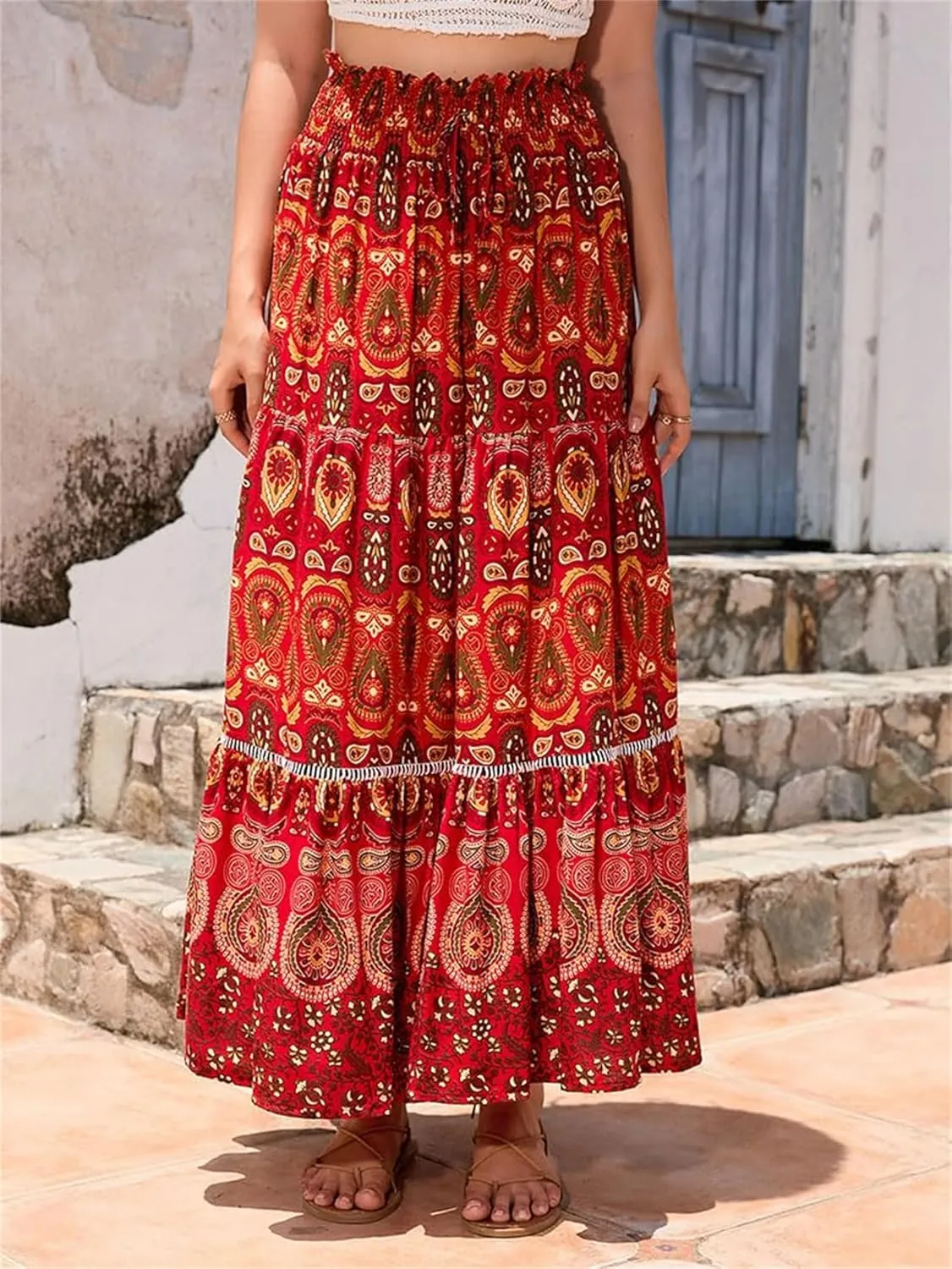 Womens 2025 Bohemian Long Skirts Elastic High Waist Pleated A Line Maxi Skirt Summer Pleated Mini Skirts