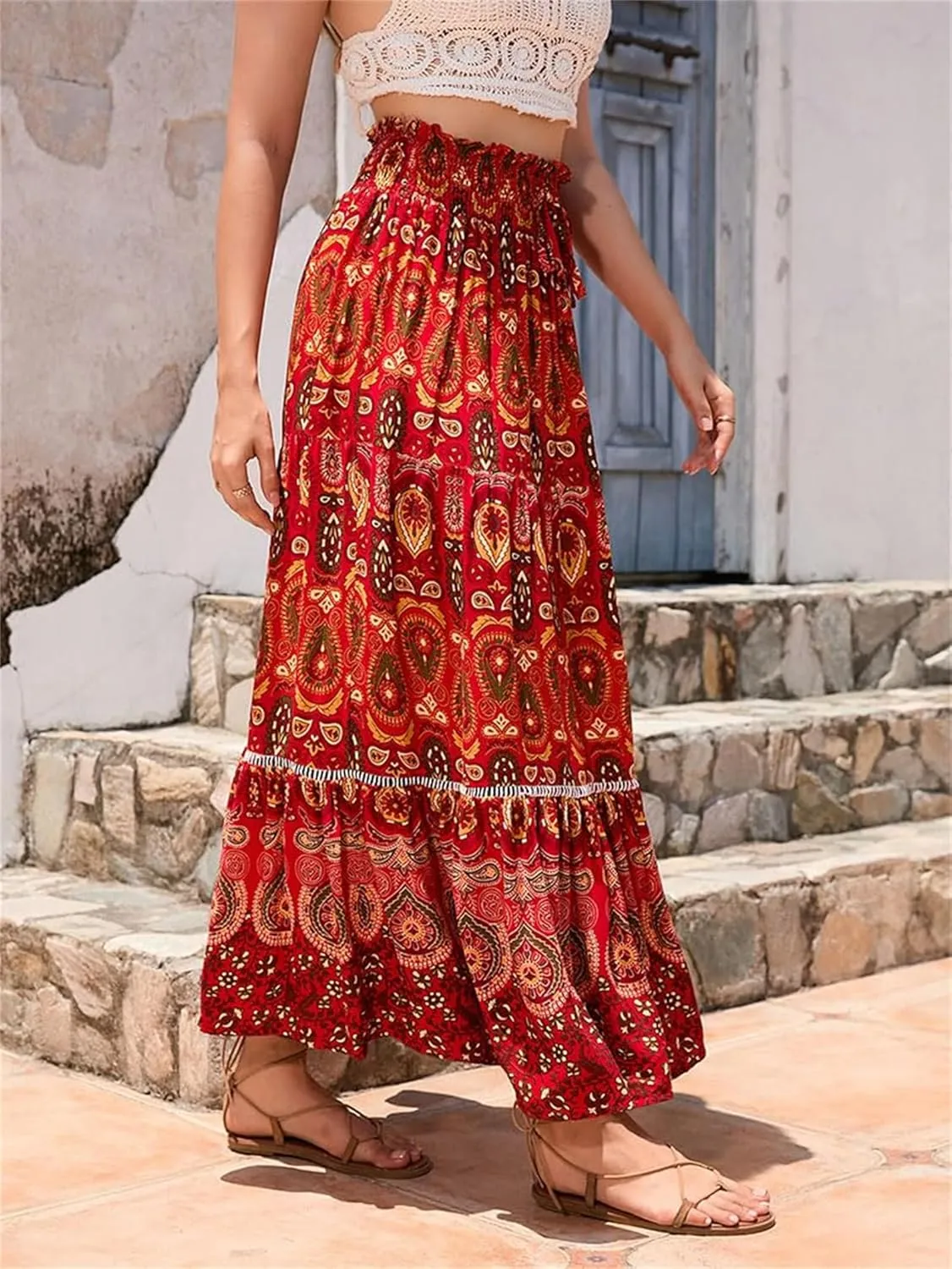 Womens 2025 Bohemian Long Skirts Elastic High Waist Pleated A Line Maxi Skirt Summer Pleated Mini Skirts