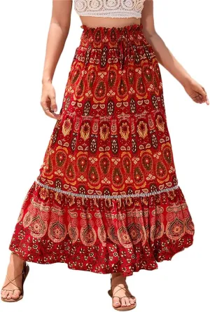 Womens 2025 Bohemian Long Skirts Elastic High Waist Pleated A Line Maxi Skirt Summer Pleated Mini Skirts