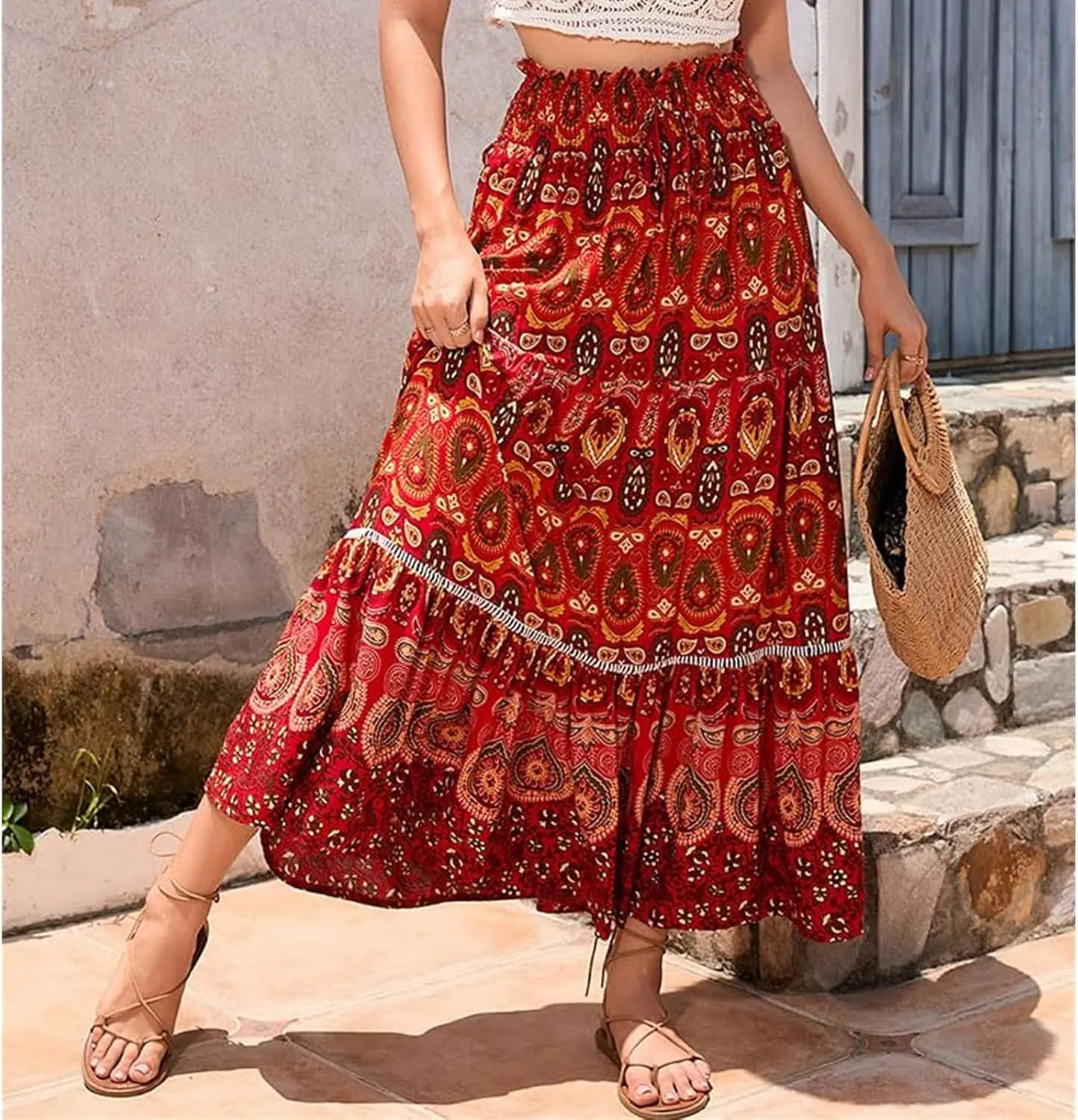 Womens 2025 Bohemian Long Skirts Elastic High Waist Pleated A Line Maxi Skirt Summer Pleated Mini Skirts