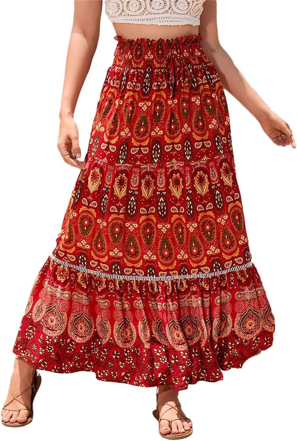 Womens 2025 Bohemian Long Skirts Elastic High Waist Pleated A Line Maxi Skirt Summer Pleated Mini Skirts
