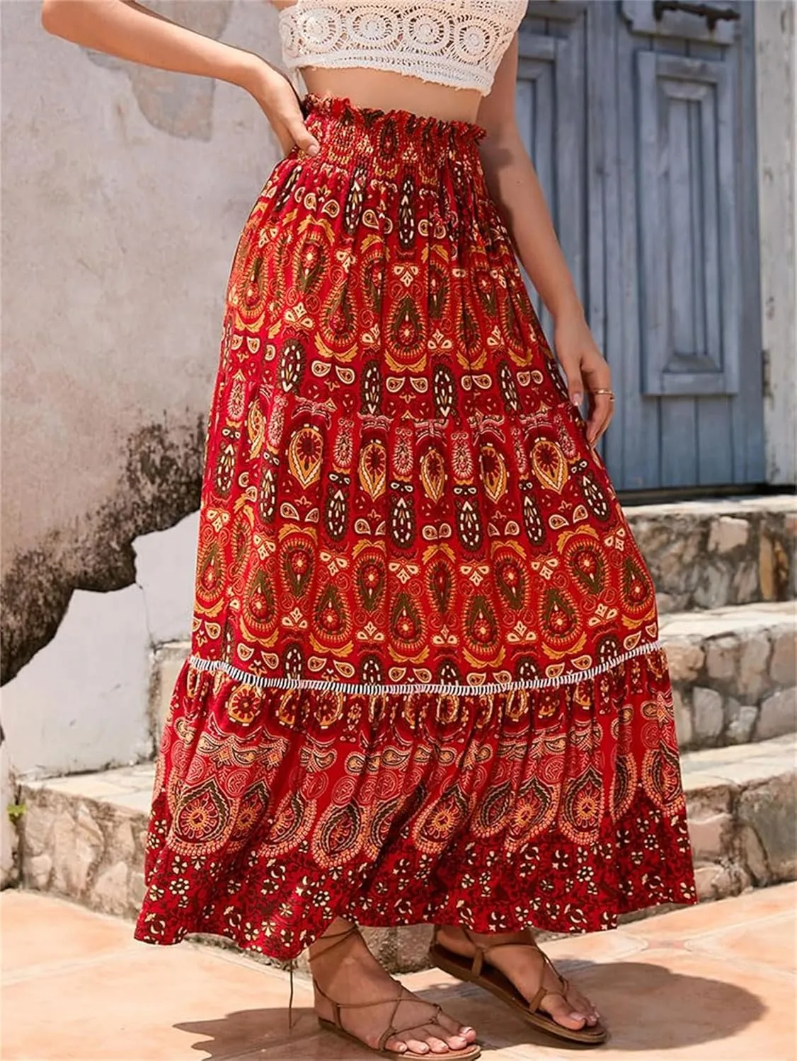 Womens 2025 Bohemian Long Skirts Elastic High Waist Pleated A Line Maxi Skirt Summer Pleated Mini Skirts