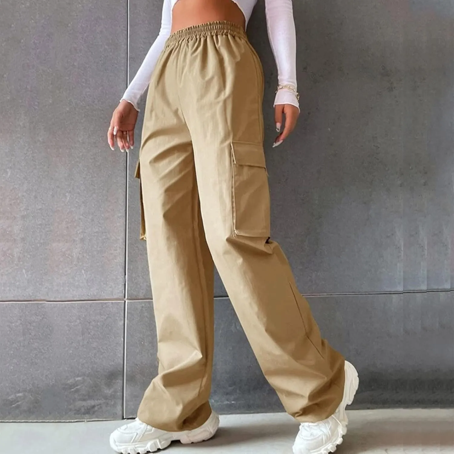 Women's Belt Less High Waisted Wide Leg Trousers Straight Leg Relaxed Style Casual Trousers Velour