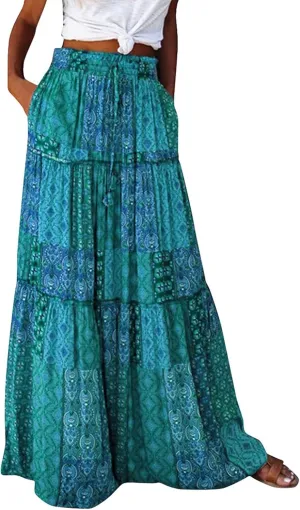 Women's Boho Casual Skirts Summer 2025 Elastic High Waist Flowy Tiered A-Line Beach Midi Skirt Trendy Floral Long Skirts