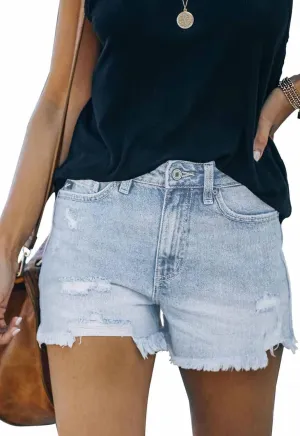 Women's Casual High Waisted Denim Shorts Frayed Raw Hem Stretch Ripped Jean Shorts