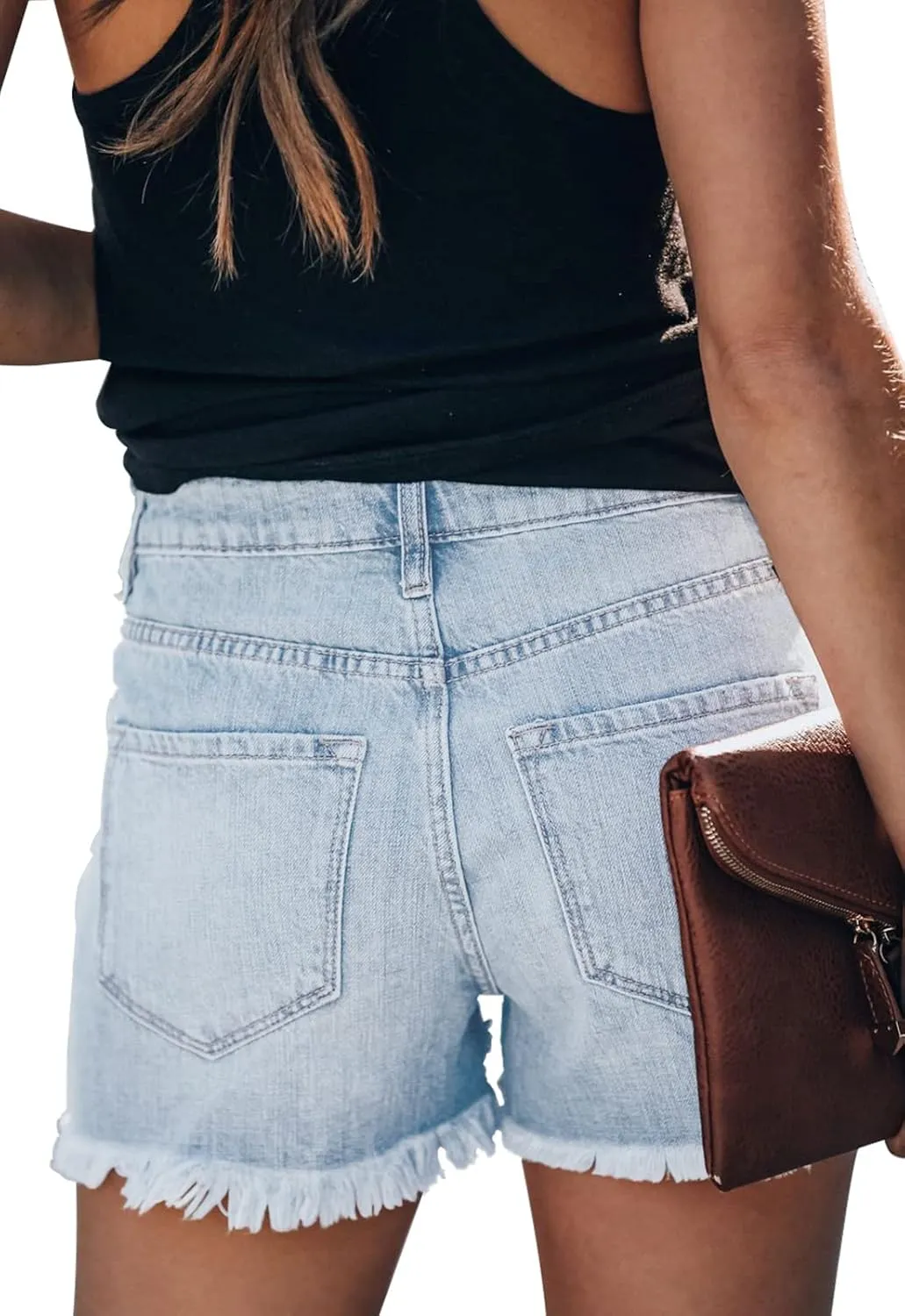 Women's Casual High Waisted Denim Shorts Frayed Raw Hem Stretch Ripped Jean Shorts
