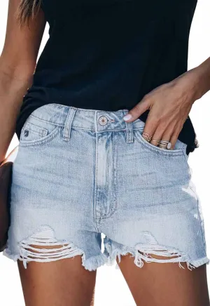 Women's Casual High Waisted Denim Shorts Frayed Raw Hem Stretch Ripped Jean Shorts