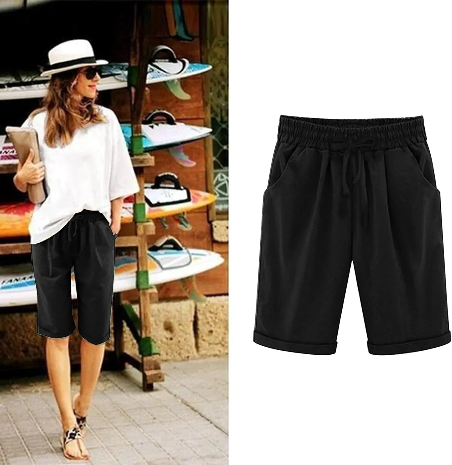 Womens Casual Shorts Summer Cotton Elastic Waist Drawstring Knee Length Bermuda Shorts Loose Fit Beach Shorts