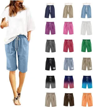 Womens Casual Shorts Summer Cotton Elastic Waist Drawstring Knee Length Bermuda Shorts Loose Fit Beach Shorts