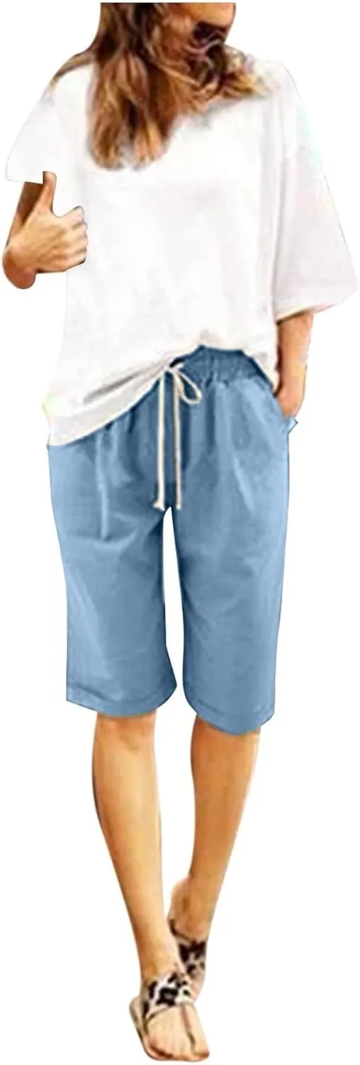 Womens Casual Shorts Summer Cotton Elastic Waist Drawstring Knee Length Bermuda Shorts Loose Fit Beach Shorts