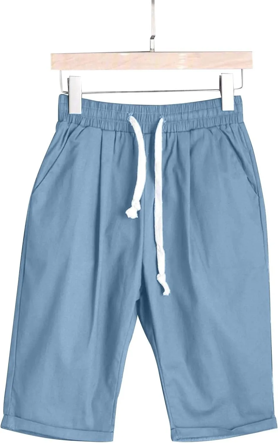 Womens Casual Shorts Summer Cotton Elastic Waist Drawstring Knee Length Bermuda Shorts Loose Fit Beach Shorts