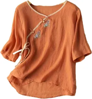 Women's Cotton and Linen Tang Suit Half-Sleeve Embroidered Buttoned Retro Shirt Summer Cotton Tops Women