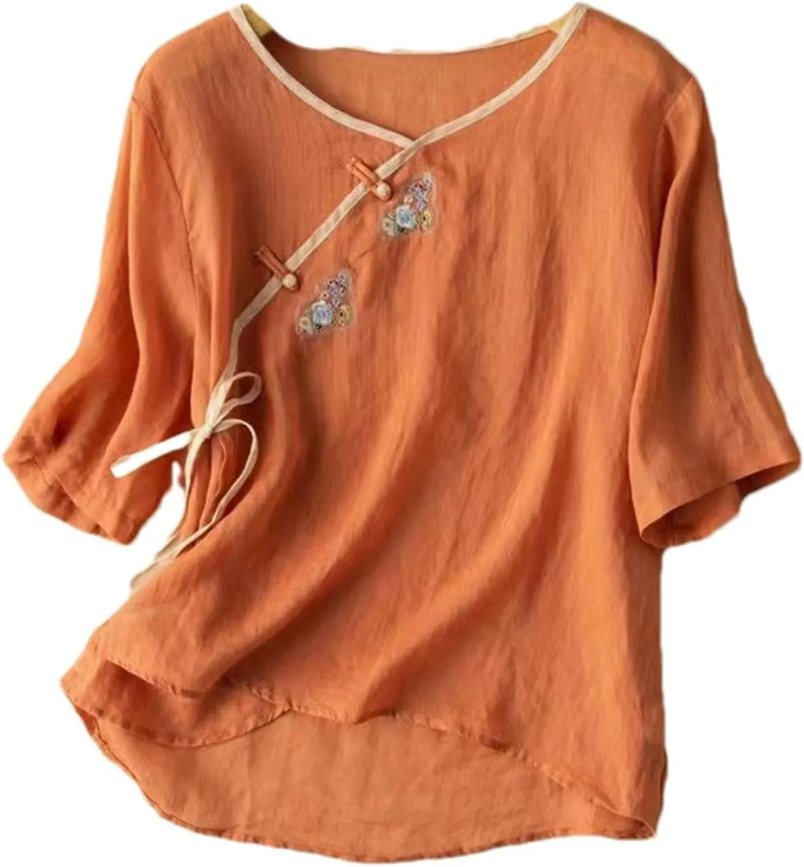 Women's Cotton and Linen Tang Suit Half-Sleeve Embroidered Buttoned Retro Shirt Summer Cotton Tops Women