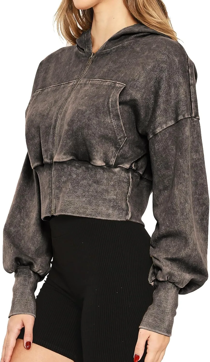 Women's Cropped Hoodie Zip-Up Sweatshirt - Mineral Washed Stretch Knit