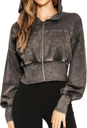 Women's Cropped Hoodie Zip-Up Sweatshirt - Mineral Washed Stretch Knit
