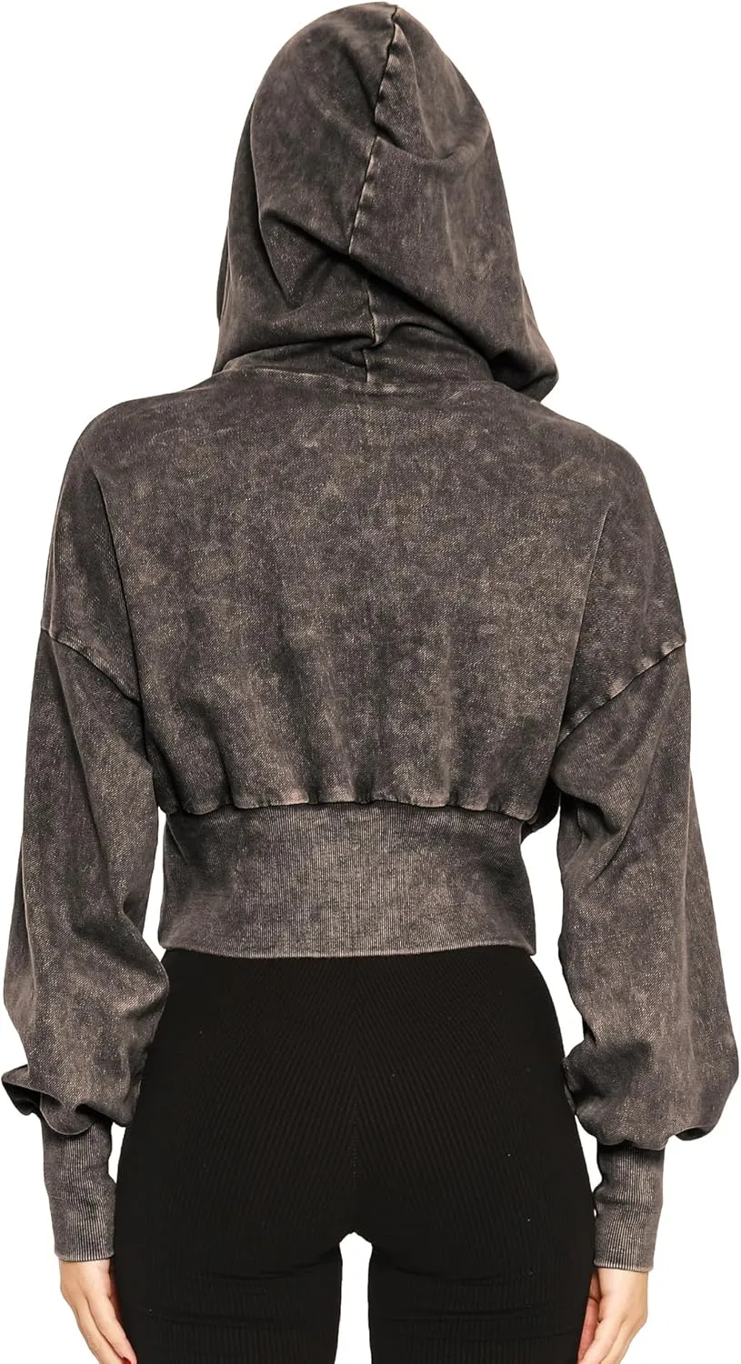 Women's Cropped Hoodie Zip-Up Sweatshirt - Mineral Washed Stretch Knit