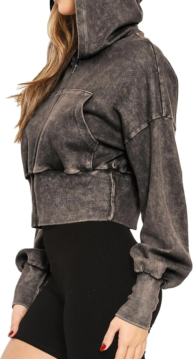 Women's Cropped Hoodie Zip-Up Sweatshirt - Mineral Washed Stretch Knit