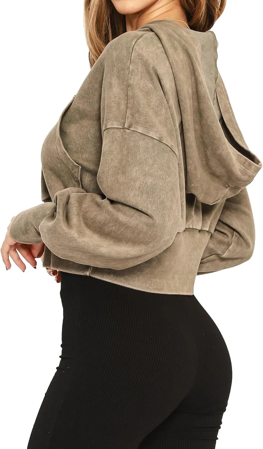Women's Cropped Hoodie Zip-Up Sweatshirt - Mineral Washed Stretch Knit