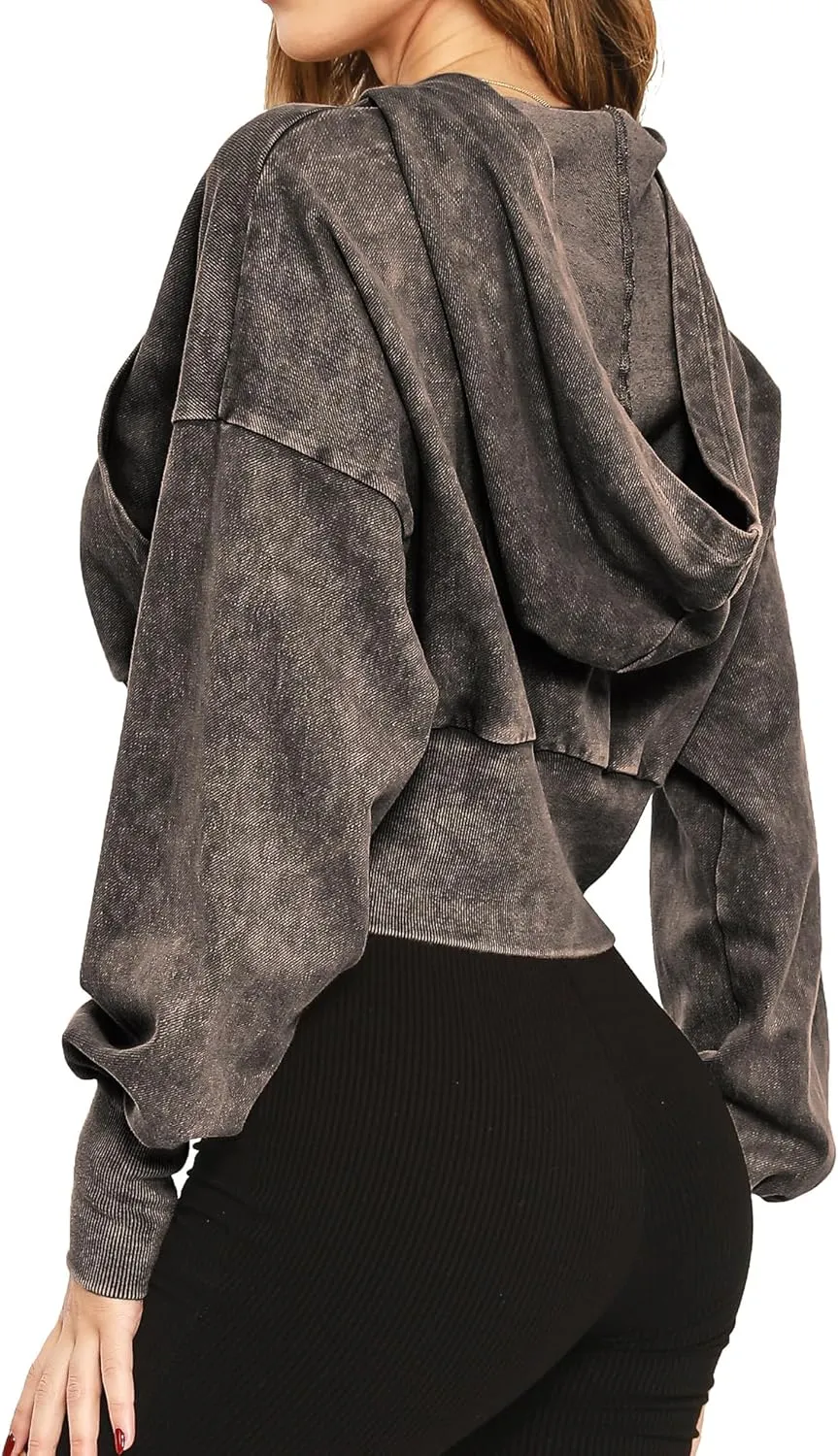 Women's Cropped Hoodie Zip-Up Sweatshirt - Mineral Washed Stretch Knit