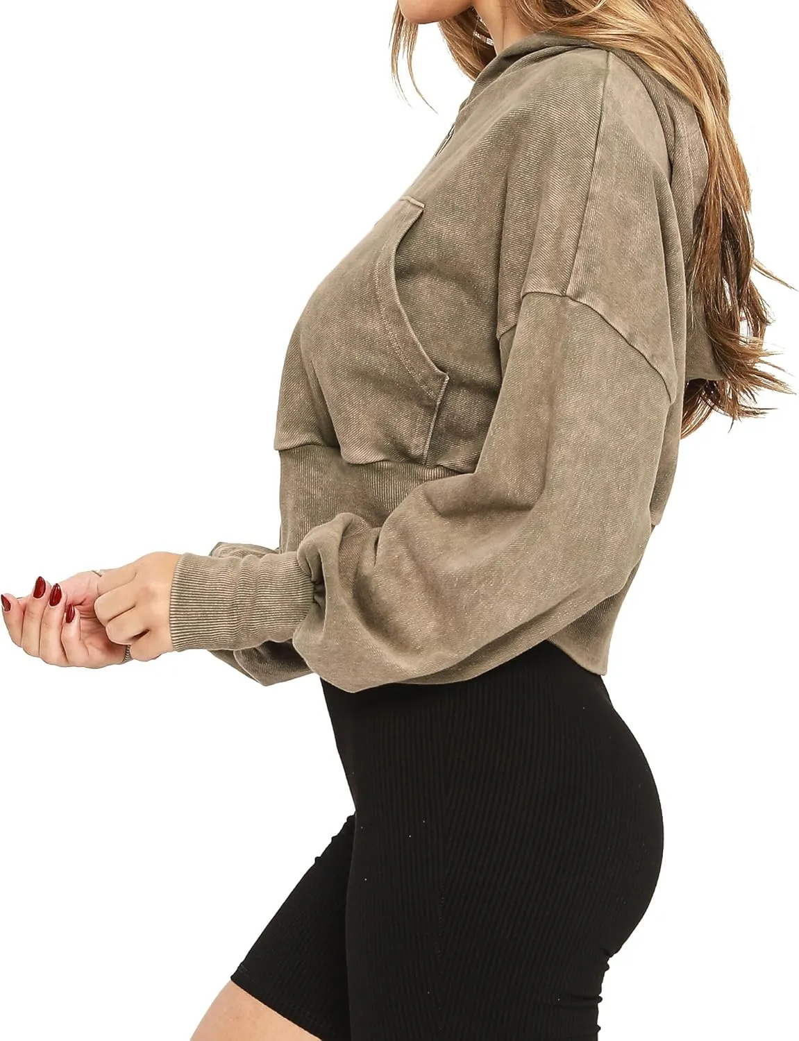 Women's Cropped Hoodie Zip-Up Sweatshirt - Mineral Washed Stretch Knit