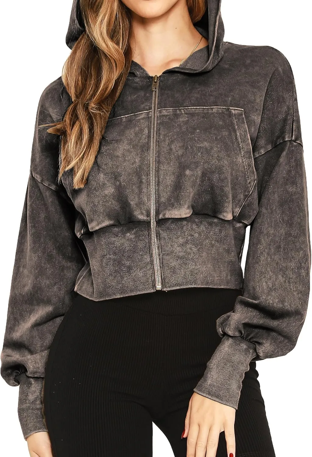 Women's Cropped Hoodie Zip-Up Sweatshirt - Mineral Washed Stretch Knit