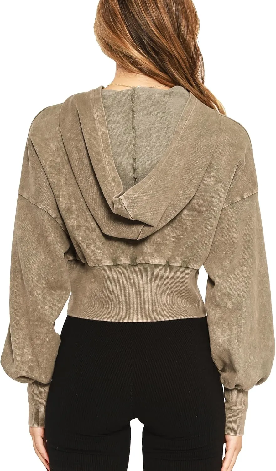 Women's Cropped Hoodie Zip-Up Sweatshirt - Mineral Washed Stretch Knit