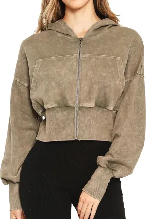 Women's Cropped Hoodie Zip-Up Sweatshirt - Mineral Washed Stretch Knit