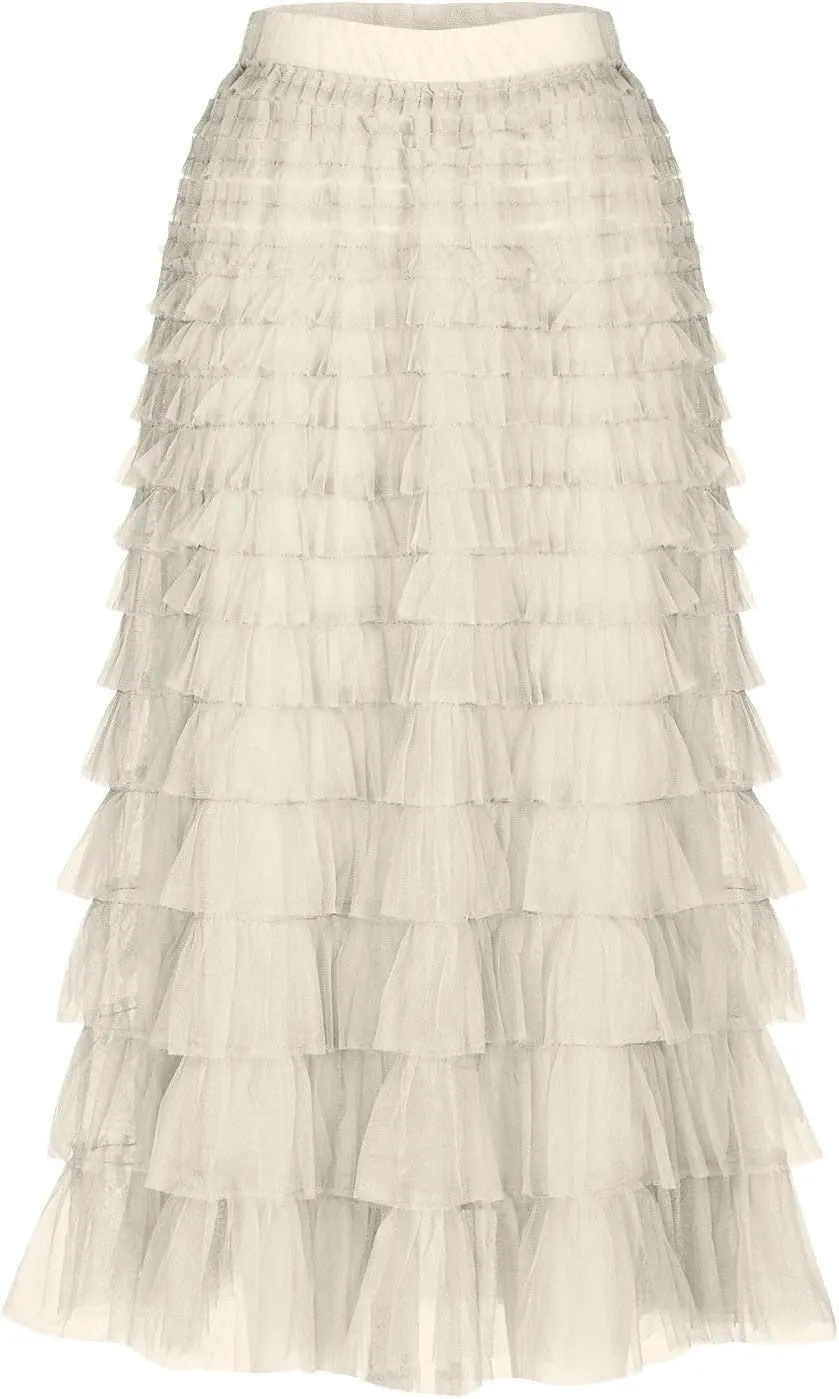 Womens Elegant A Line Skirts Midi Mesh Flowy Skirts Tiered Tulle Skirts Puffy Layered Ruffle Skirt Fluffy Fairy Skirt