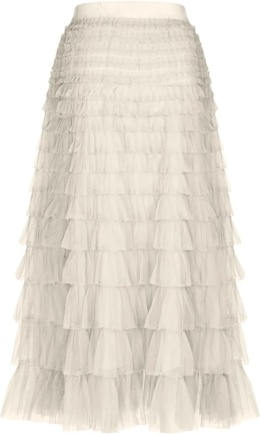 Womens Elegant A Line Skirts Midi Mesh Flowy Skirts Tiered Tulle Skirts Puffy Layered Ruffle Skirt Fluffy Fairy Skirt