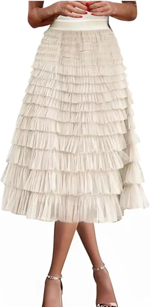 Womens Elegant A Line Skirts Midi Mesh Flowy Skirts Tiered Tulle Skirts Puffy Layered Ruffle Skirt Fluffy Fairy Skirt