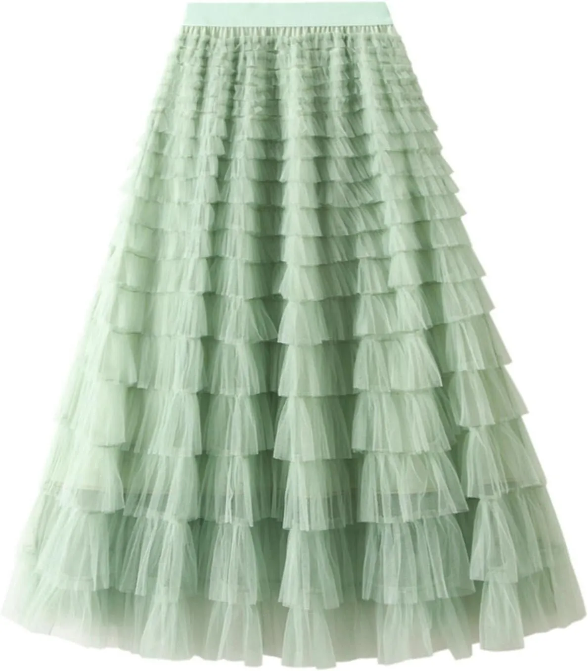 Women's Fairy Tulle Midi Skirt Sweet Elastic High Waist A-Line Ruffle Tiered Layered Mesh Puffy Long Maxi Skirt