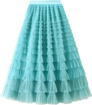 Women's Fairy Tulle Midi Skirt Sweet Elastic High Waist A-Line Ruffle Tiered Layered Mesh Puffy Long Maxi Skirt