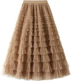 Women's Fairy Tulle Midi Skirt Sweet Elastic High Waist A-Line Ruffle Tiered Layered Mesh Puffy Long Maxi Skirt