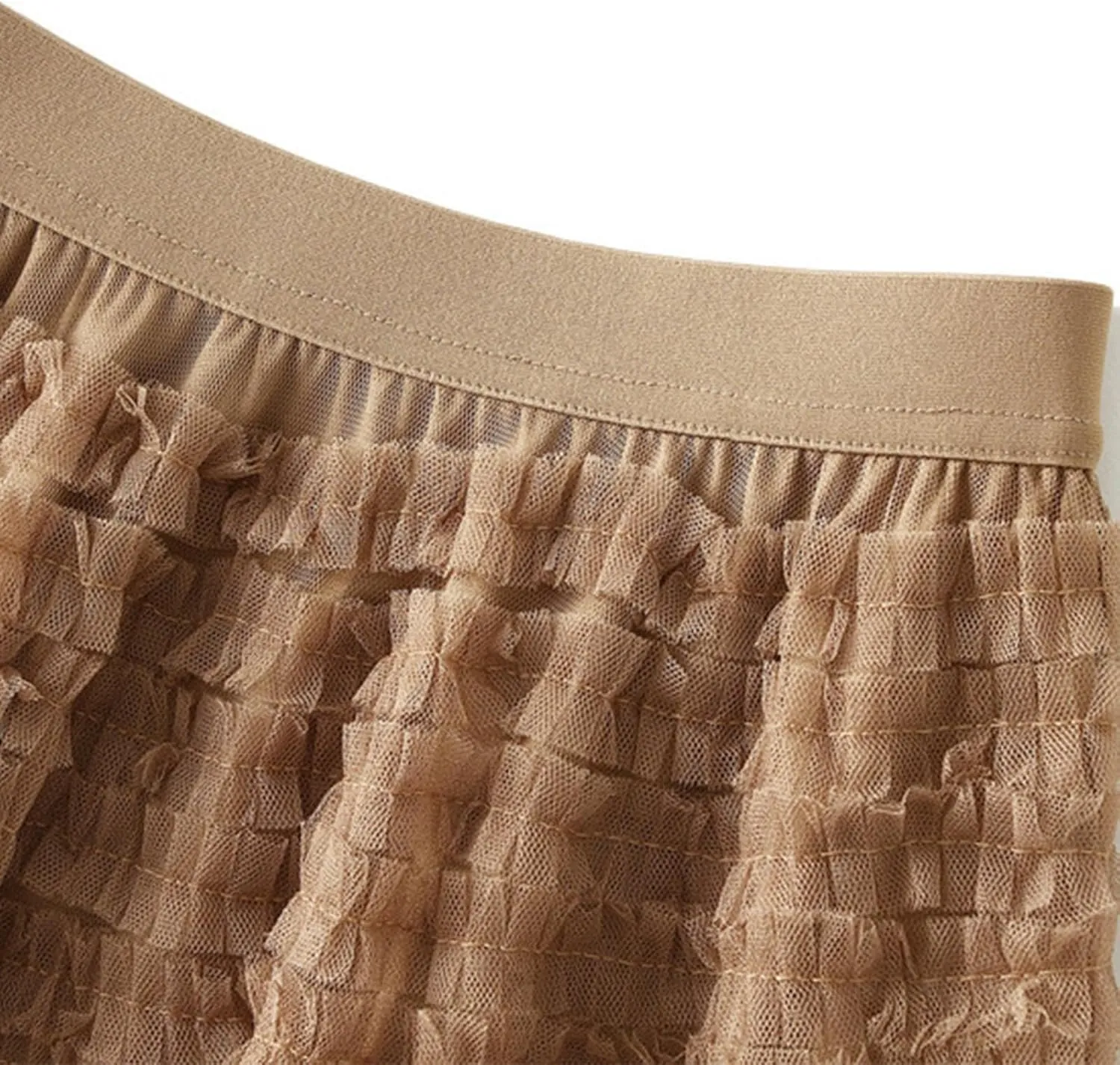 Women's Fairy Tulle Midi Skirt Sweet Elastic High Waist A-Line Ruffle Tiered Layered Mesh Puffy Long Maxi Skirt