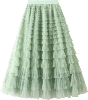 Women's Fairy Tulle Midi Skirt Sweet Elastic High Waist A-Line Ruffle Tiered Layered Mesh Puffy Long Maxi Skirt