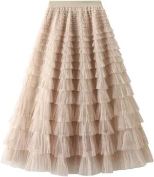 Women's Fairy Tulle Midi Skirt Sweet Elastic High Waist A-Line Ruffle Tiered Layered Mesh Puffy Long Maxi Skirt