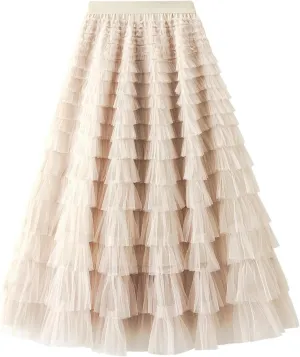 Women's Fairy Tulle Midi Skirt Sweet Elastic High Waist A-Line Ruffle Tiered Layered Mesh Puffy Long Maxi Skirt
