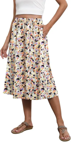 Women's Flowy Midi Skirts Elastic High Waist A-Line Casual Ruffle Skirts Pleated Boho Floral Skirts with Pockets