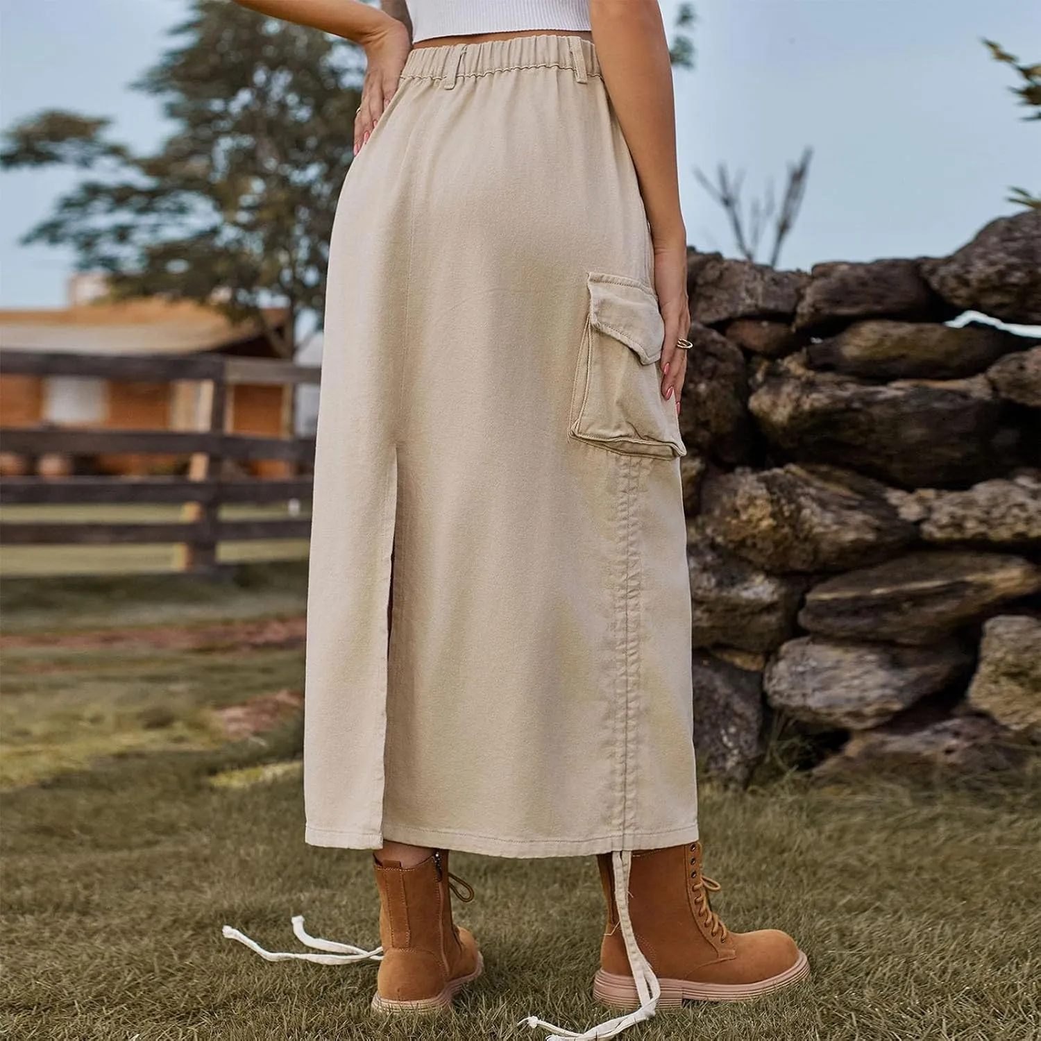 Women's High Waisted Denim Skirts Trendy Drawstring Hem Jeans Skirt Ruffle Mermaid Fishtail Cargo Skirt with Pockets