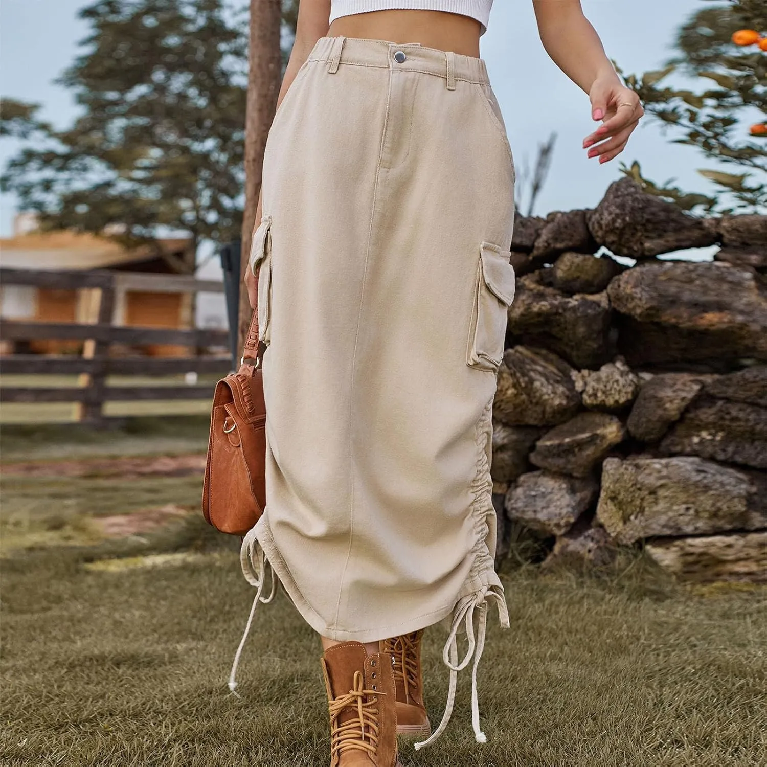 Women's High Waisted Denim Skirts Trendy Drawstring Hem Jeans Skirt Ruffle Mermaid Fishtail Cargo Skirt with Pockets