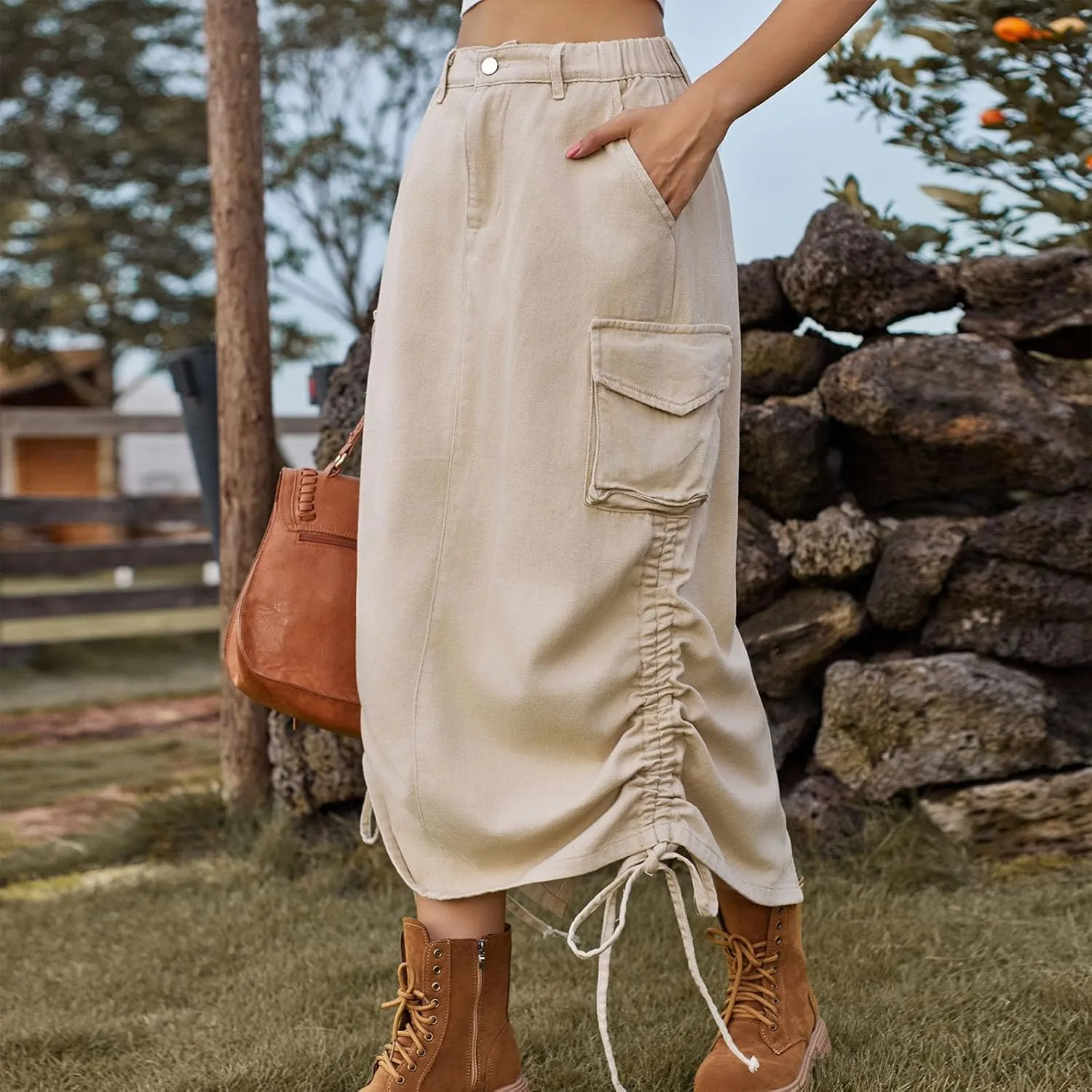 Women's High Waisted Denim Skirts Trendy Drawstring Hem Jeans Skirt Ruffle Mermaid Fishtail Cargo Skirt with Pockets