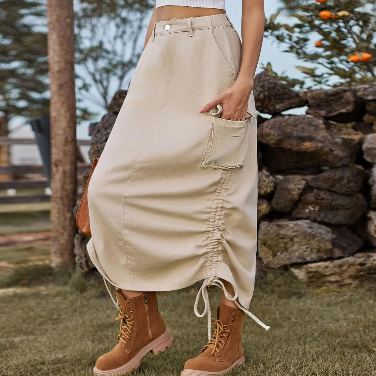 Women's High Waisted Denim Skirts Trendy Drawstring Hem Jeans Skirt Ruffle Mermaid Fishtail Cargo Skirt with Pockets