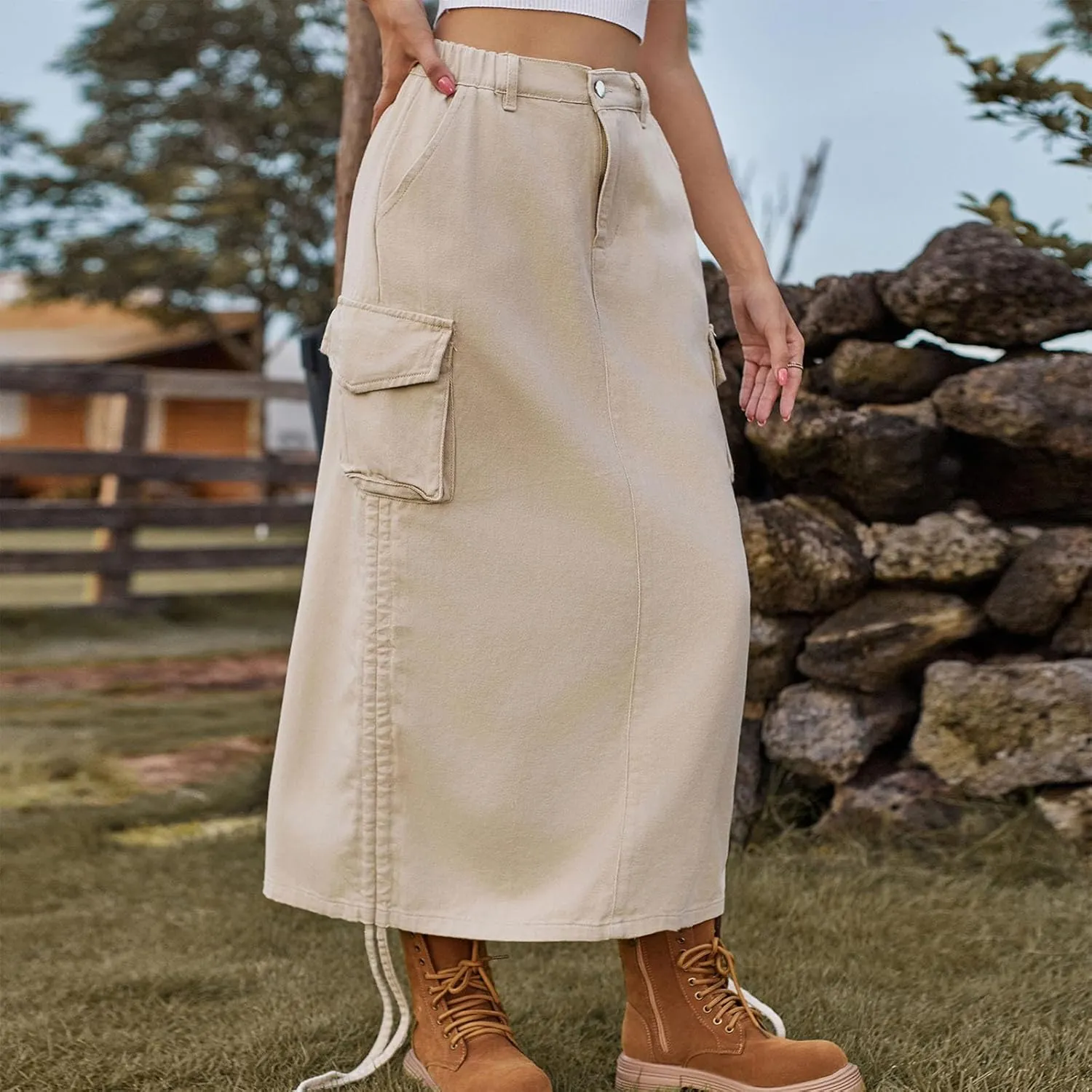Women's High Waisted Denim Skirts Trendy Drawstring Hem Jeans Skirt Ruffle Mermaid Fishtail Cargo Skirt with Pockets