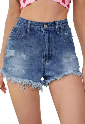 Women's High Waisted Stretchy Denim Shorts Ripped Raw Hem Summer Jeans Shorts