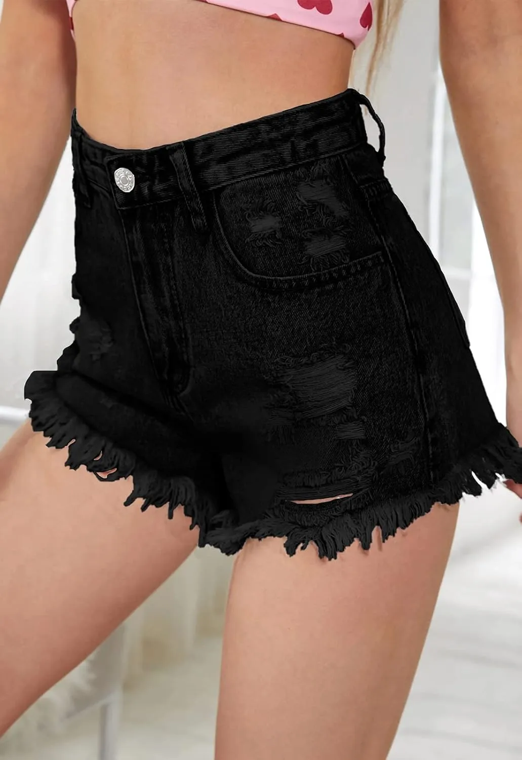 Women's High Waisted Stretchy Denim Shorts Ripped Raw Hem Summer Jeans Shorts