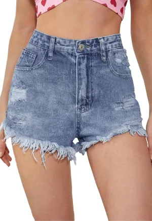 Women's High Waisted Stretchy Denim Shorts Ripped Raw Hem Summer Jeans Shorts