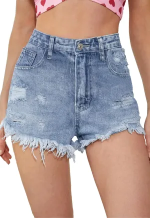 Women's High Waisted Stretchy Denim Shorts Ripped Raw Hem Summer Jeans Shorts