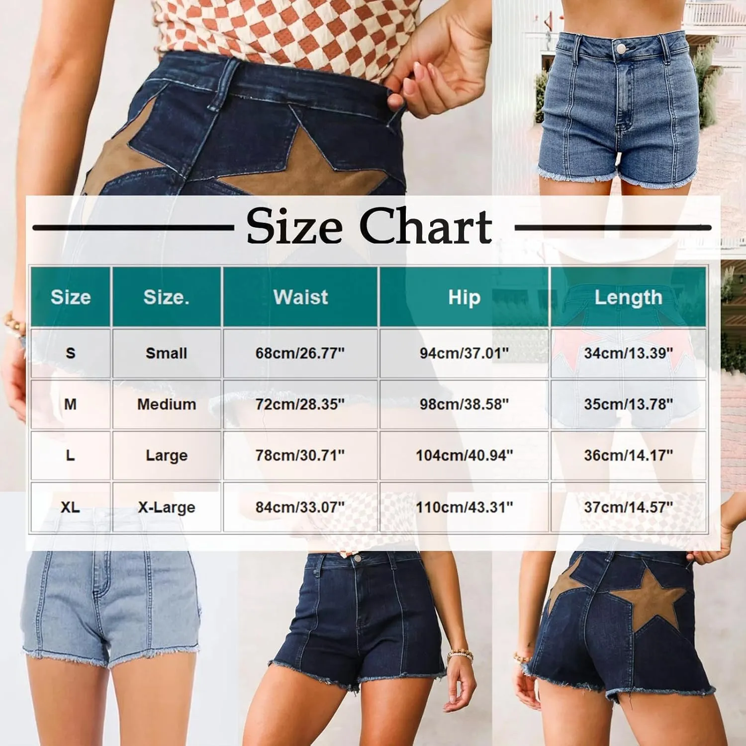 Womens Jean Shorts Stretchy High Waisted Star Patchwork Summer Beach Casual Trendy Frayed Hem Skinny Hot Denim Shorts