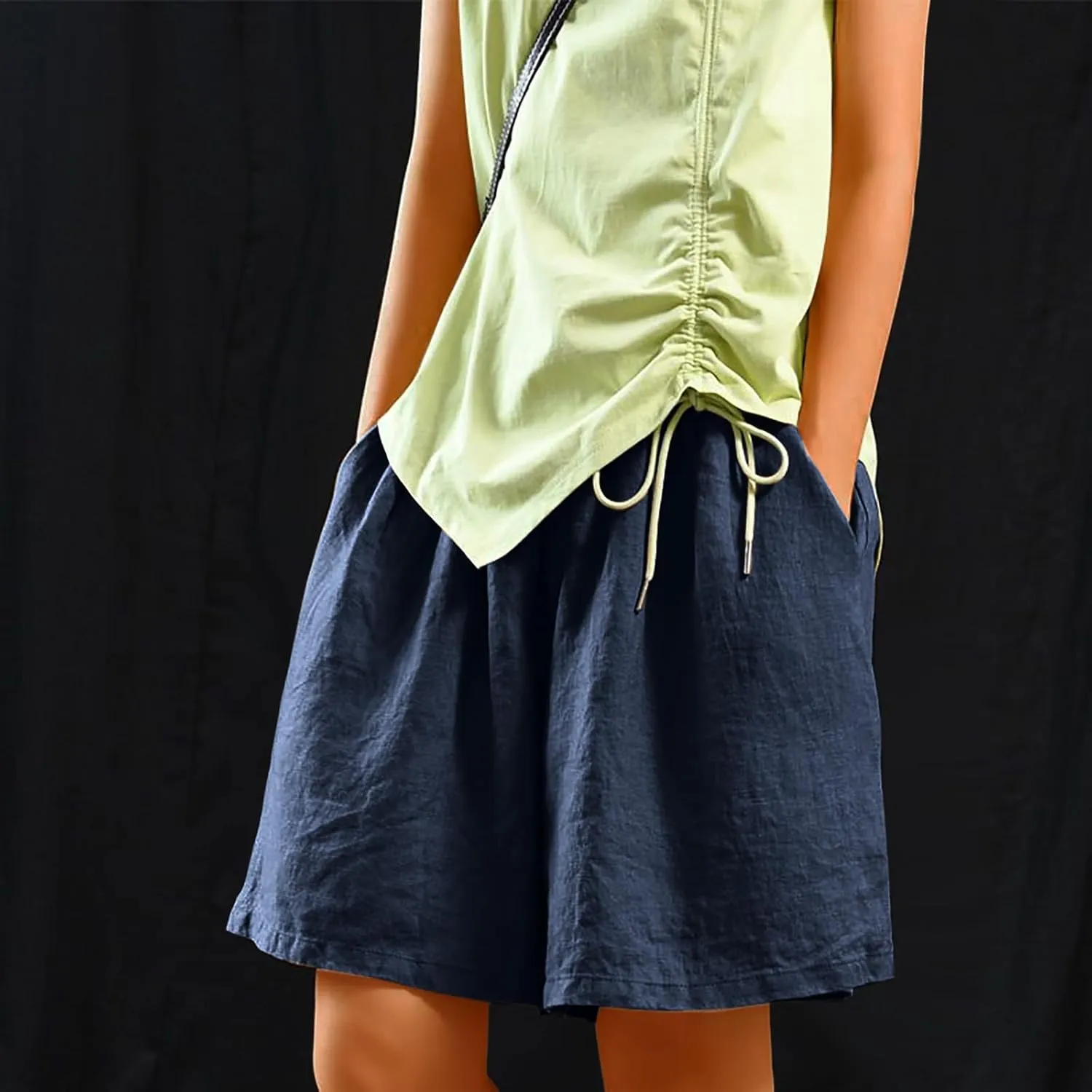Womens Knee Length Bermuda Shorts Elastic Waist Wide Leg Casual 10" Long Shorts Loose Fit Summer Beach Shorts Pocket